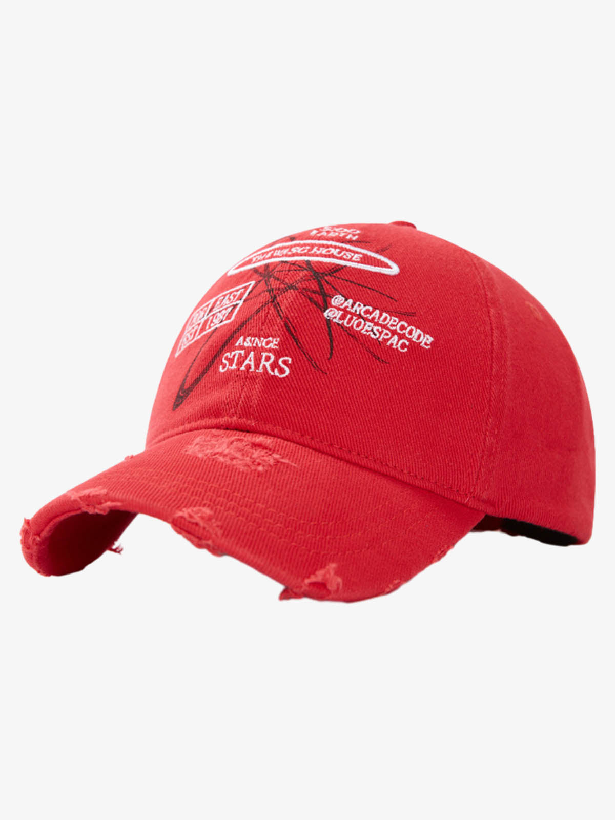 Back view of distressed baseball cap with adjustable strap