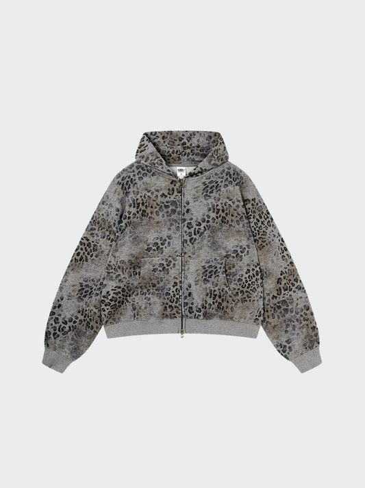Leopard Print Vintage Washed Zip Hoodie Thick Cotton
