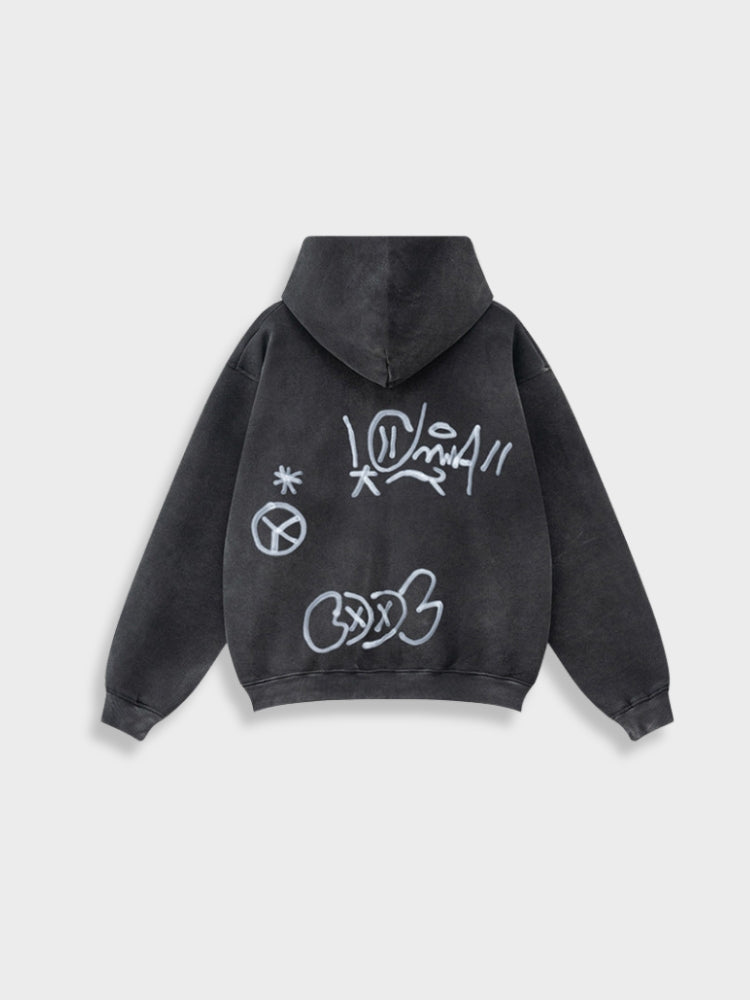 Unisex Graffiti Print Washed Zip-Up Hoodie