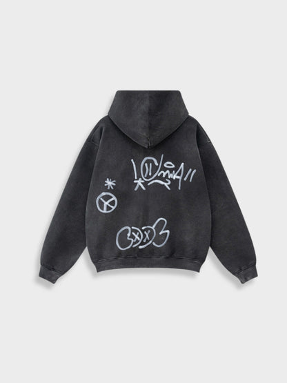 Unisex Graffiti Print Washed Zip-Up Hoodie