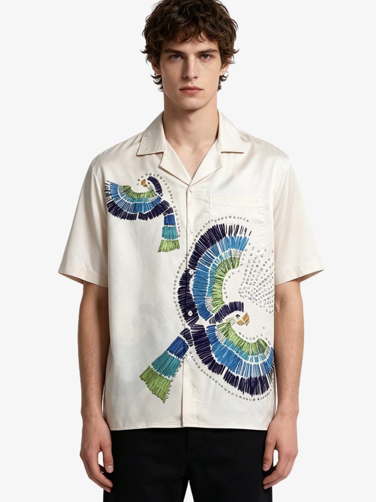 Revelse™  Silk Blend Bird Embroidered Camp Collar Shirt