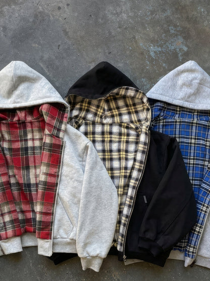 Side view of a checkered hooded zip-up hoodie
