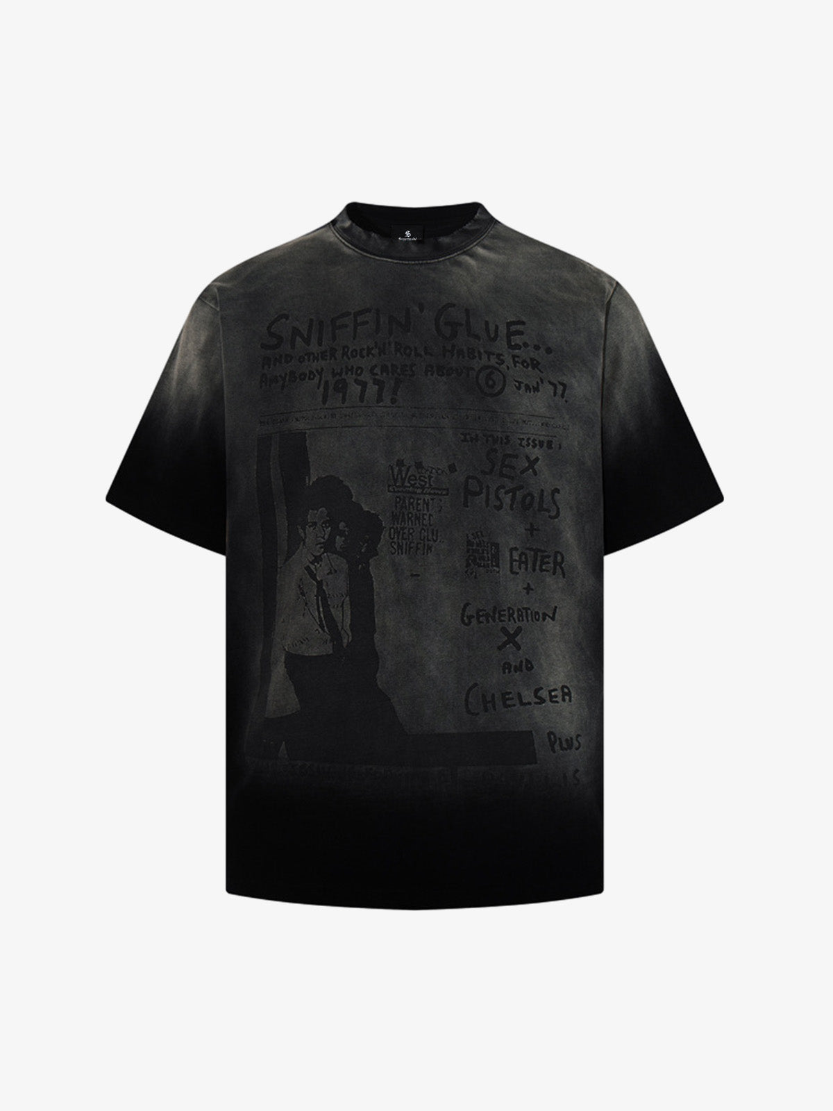 Back view of washed graphic cotton T-shirt showing plain reverse and relaxed silhouette