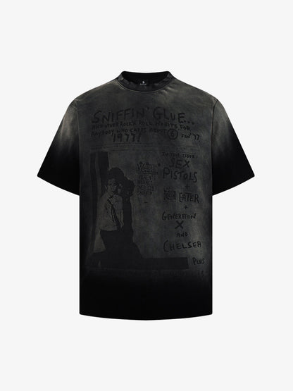 Back view of washed graphic cotton T-shirt showing plain reverse and relaxed silhouette
