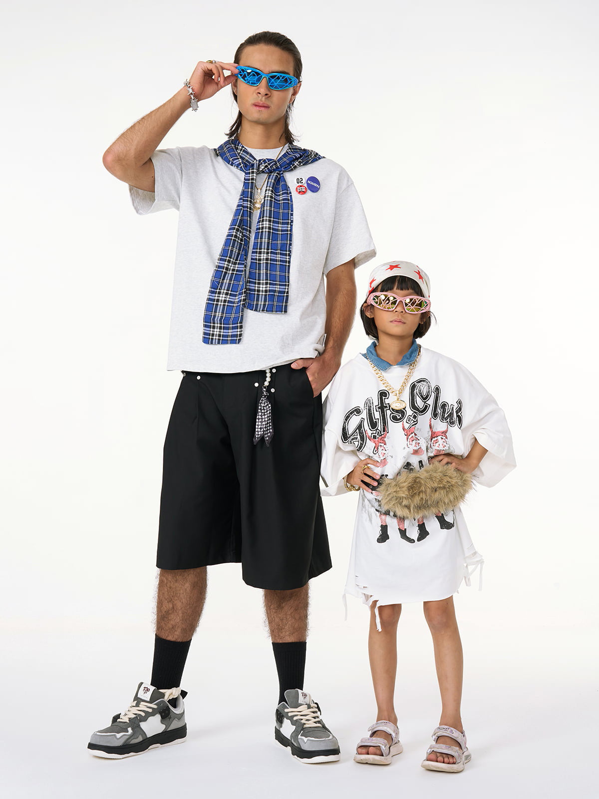 Plaid Jersey Knit Hooded Cape T-Shirt with Detachable Badge