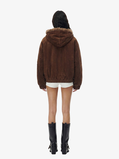 Faux Fur Hooded Suede Bomber Jacket with Metal Clip Streetwear