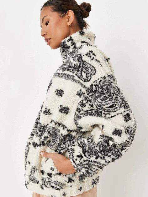 Lamb Fleece Jacket Paisley Pattern Loose Fit