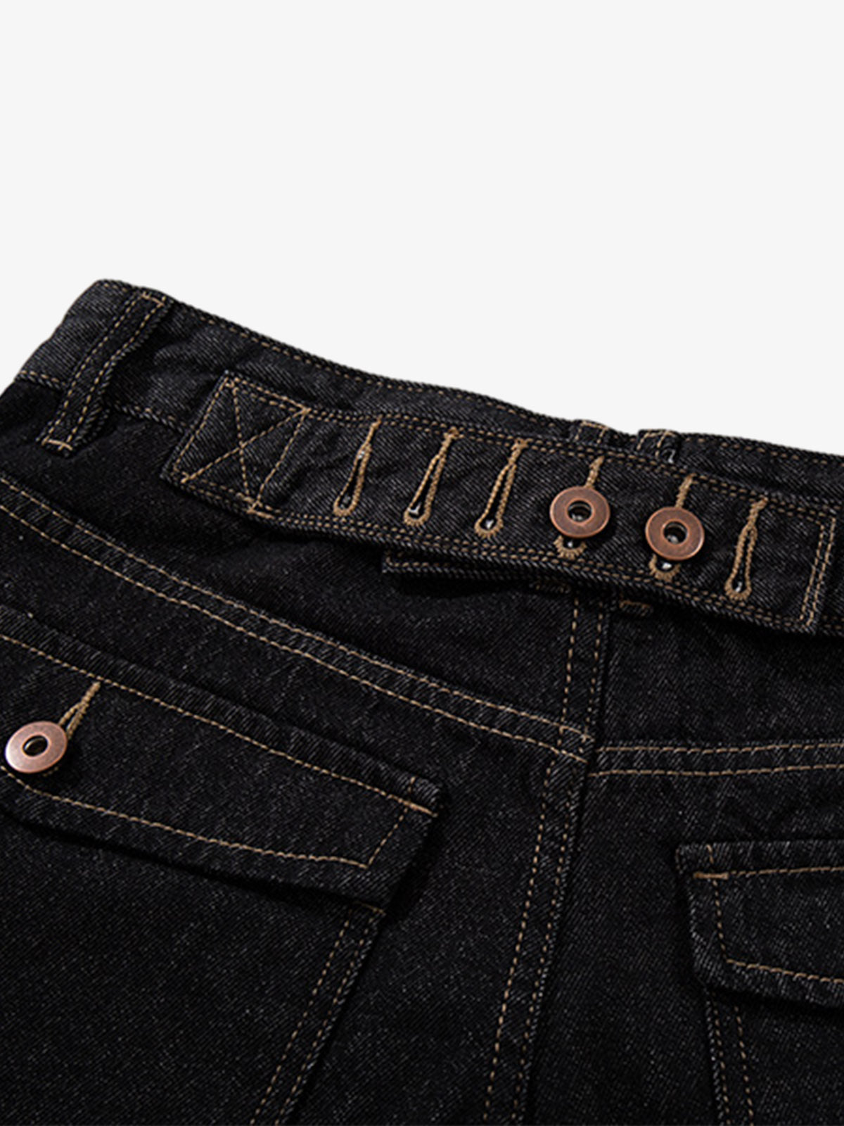 Side angle of dark wash denim shorts with copper hardware