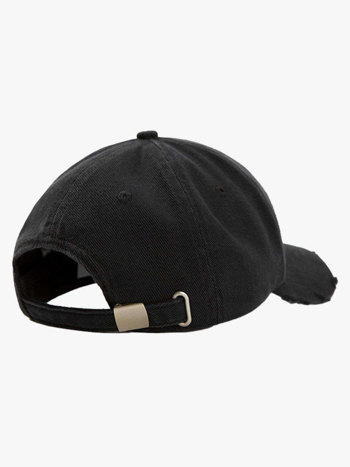 Side view of washed finish baseball cap with embroidered lettering