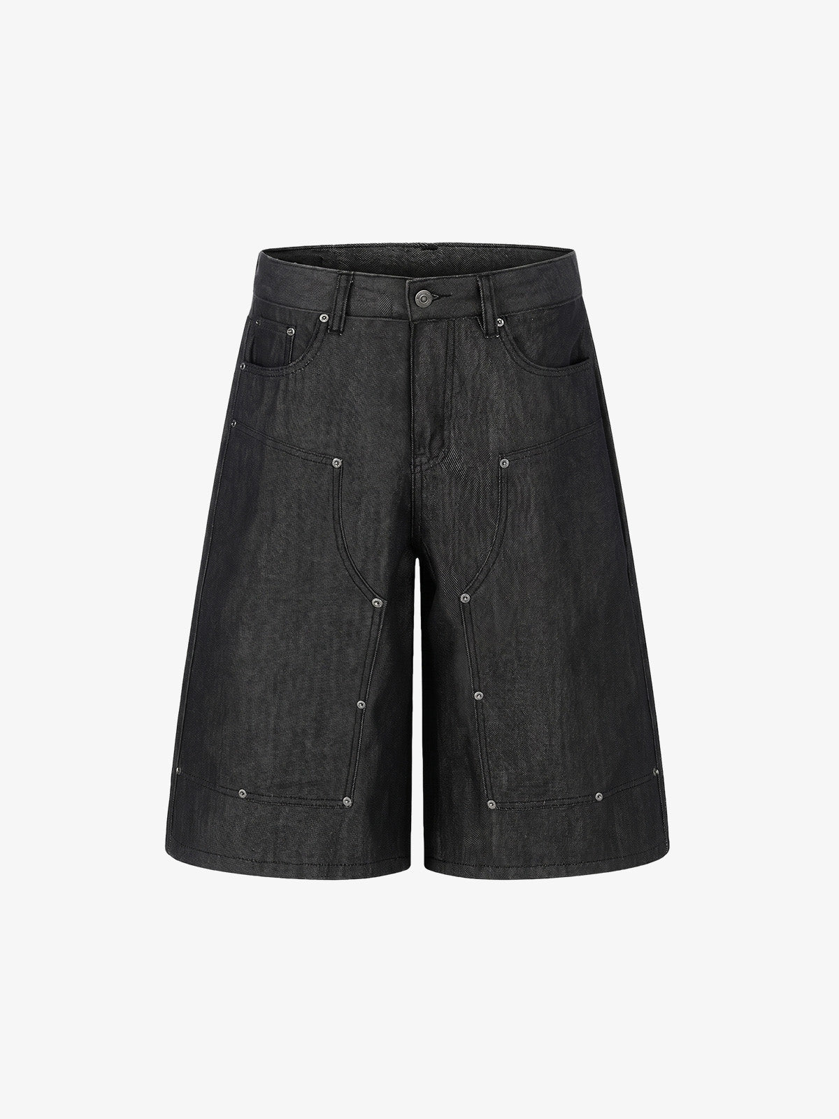 Front view of black denim shorts with stud detail and patchwork