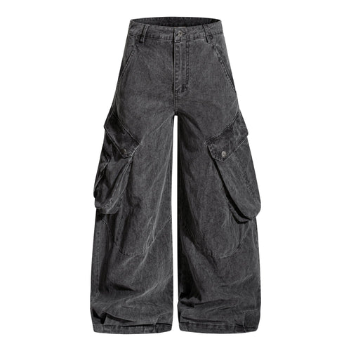 Front view of washed wide-leg cargo trousers with utility pockets