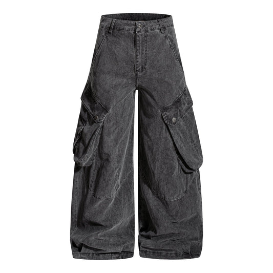 Front view of washed wide-leg cargo trousers with utility pockets