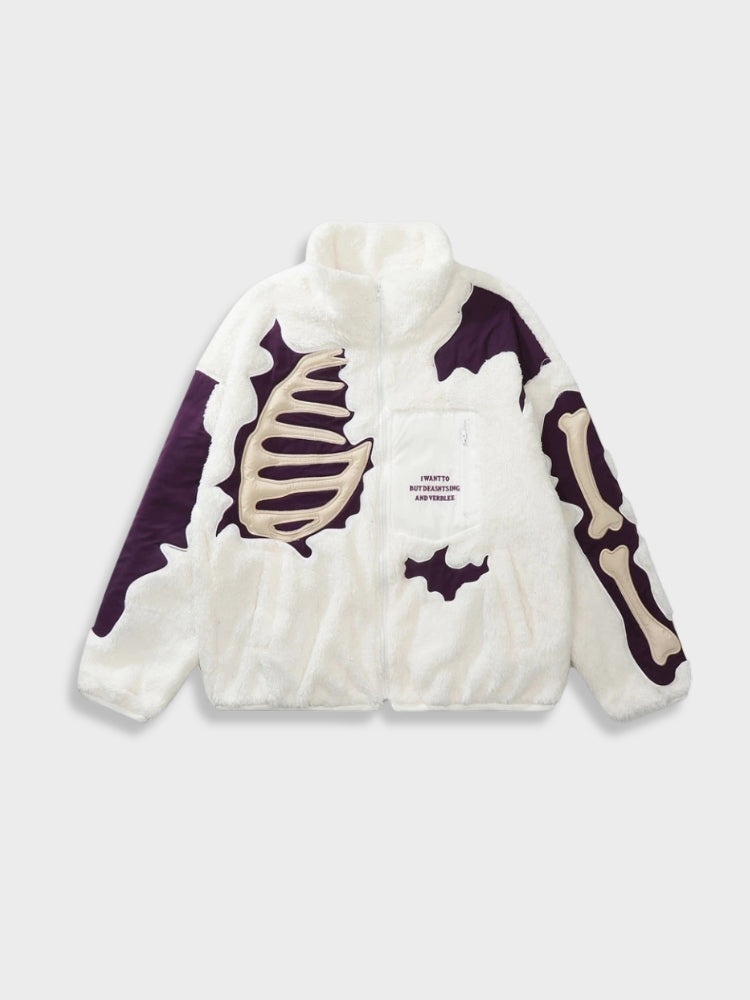 Unisex Fleece Zip Front Jacket Bone Print Black White