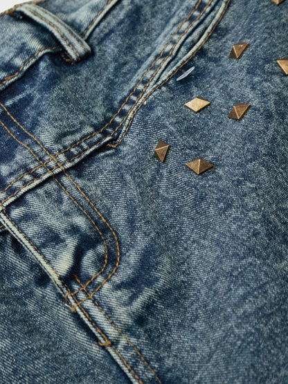 Longline Baggy Studded Denim Shorts Gray Blue