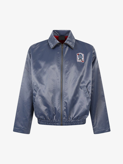 Embroidered varsity jacket with a stand collar shown from the front