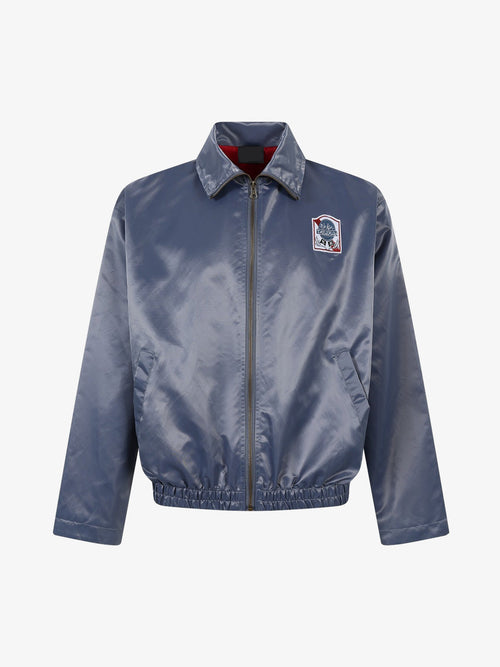 Embroidered varsity jacket with a stand collar shown from the front
