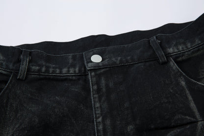 Washed Distressed Pleated Baggy Jeans