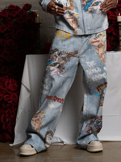 Retro Graffiti Angelic Print Baggy Jeans