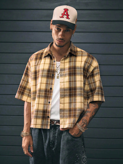Men's Short Sleeve Checkered Polyester Shirt Yellow