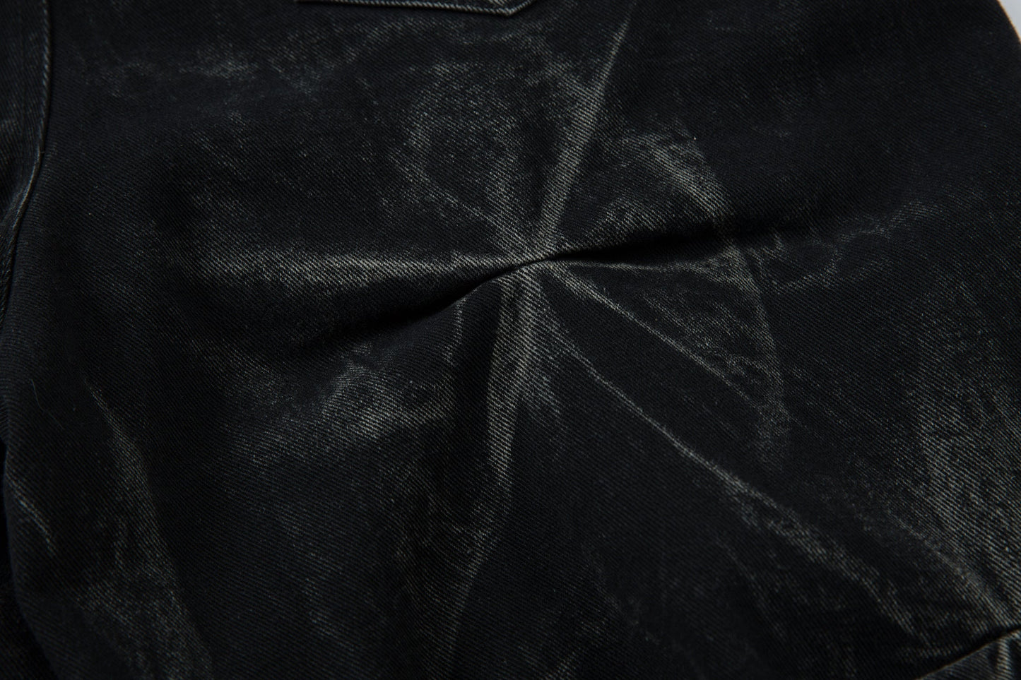 Washed Distressed Pleated Baggy Jeans