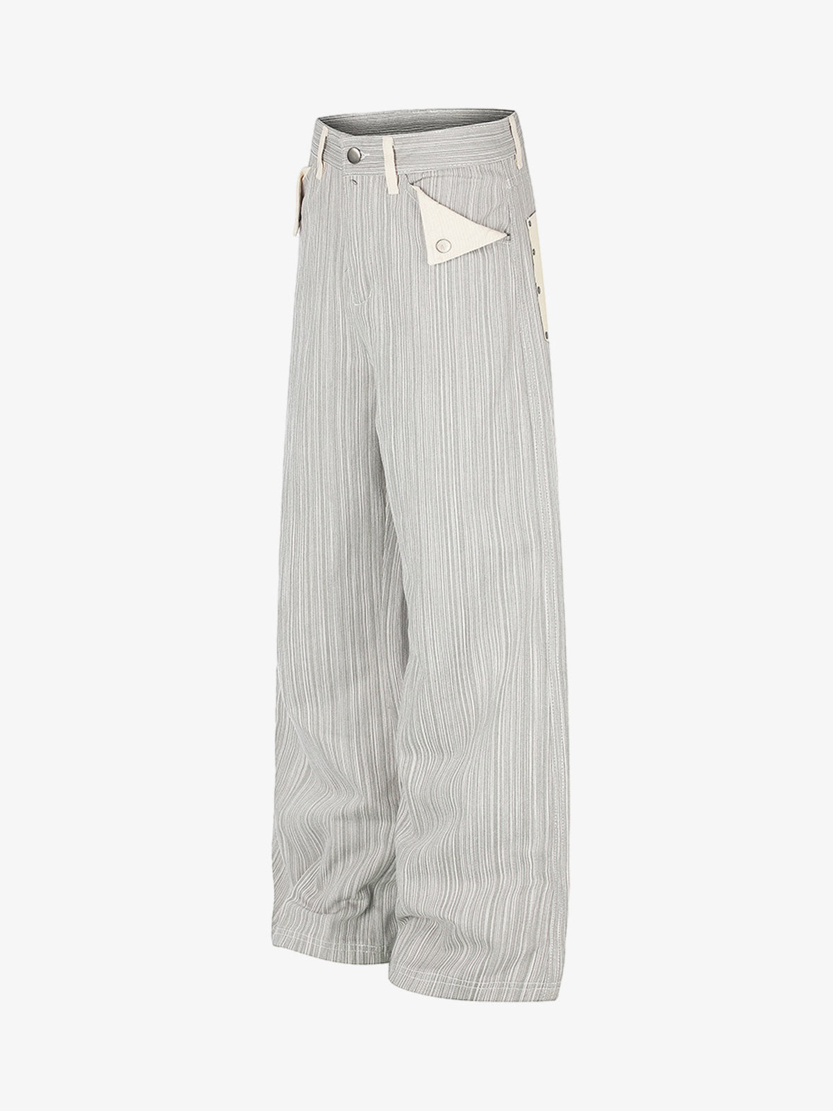 Close-up of the chain pocket detail on graphic print jeans