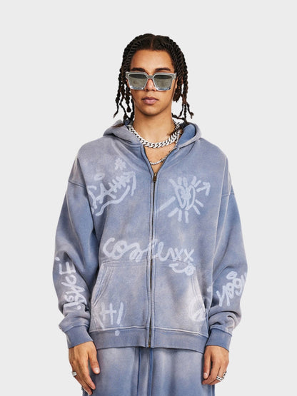 Unisex Graffiti Print Washed Zip-Up Hoodie