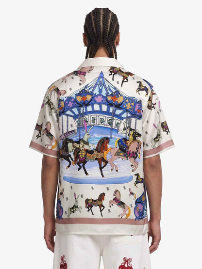 Revelse™  Satin Camp Collar Boxy Shirt Carousel Animal Print