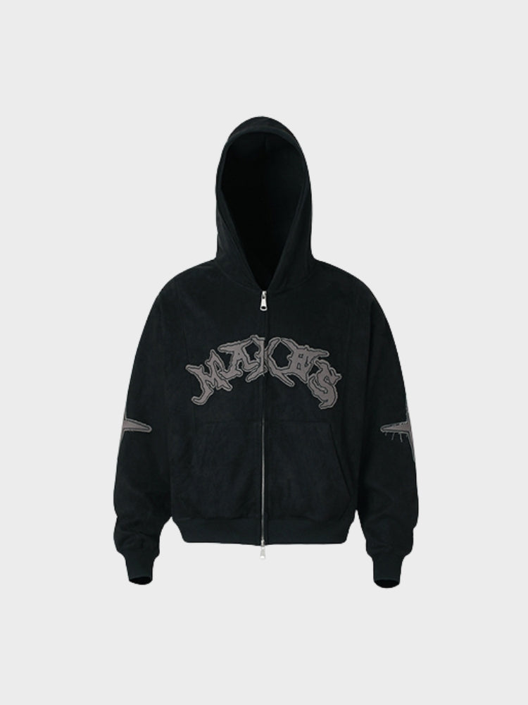 Embroidered Loose-Fit Zip-Up Hoodie