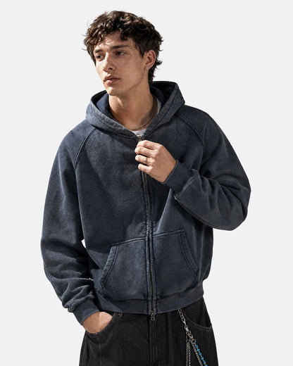 Front view of a washed boxy hoodie with a relaxed streetwear fit