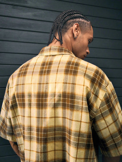 Men's Short Sleeve Checkered Polyester Shirt Yellow