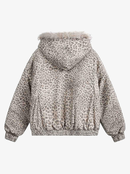 Cheetah Print Hooded Jacket with Faux Mink Fur Trim