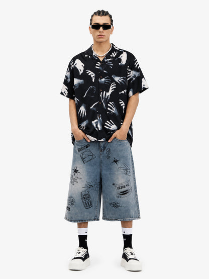 Revelse™  Boxy Camp Collar Faux Fur Shirt Black And White