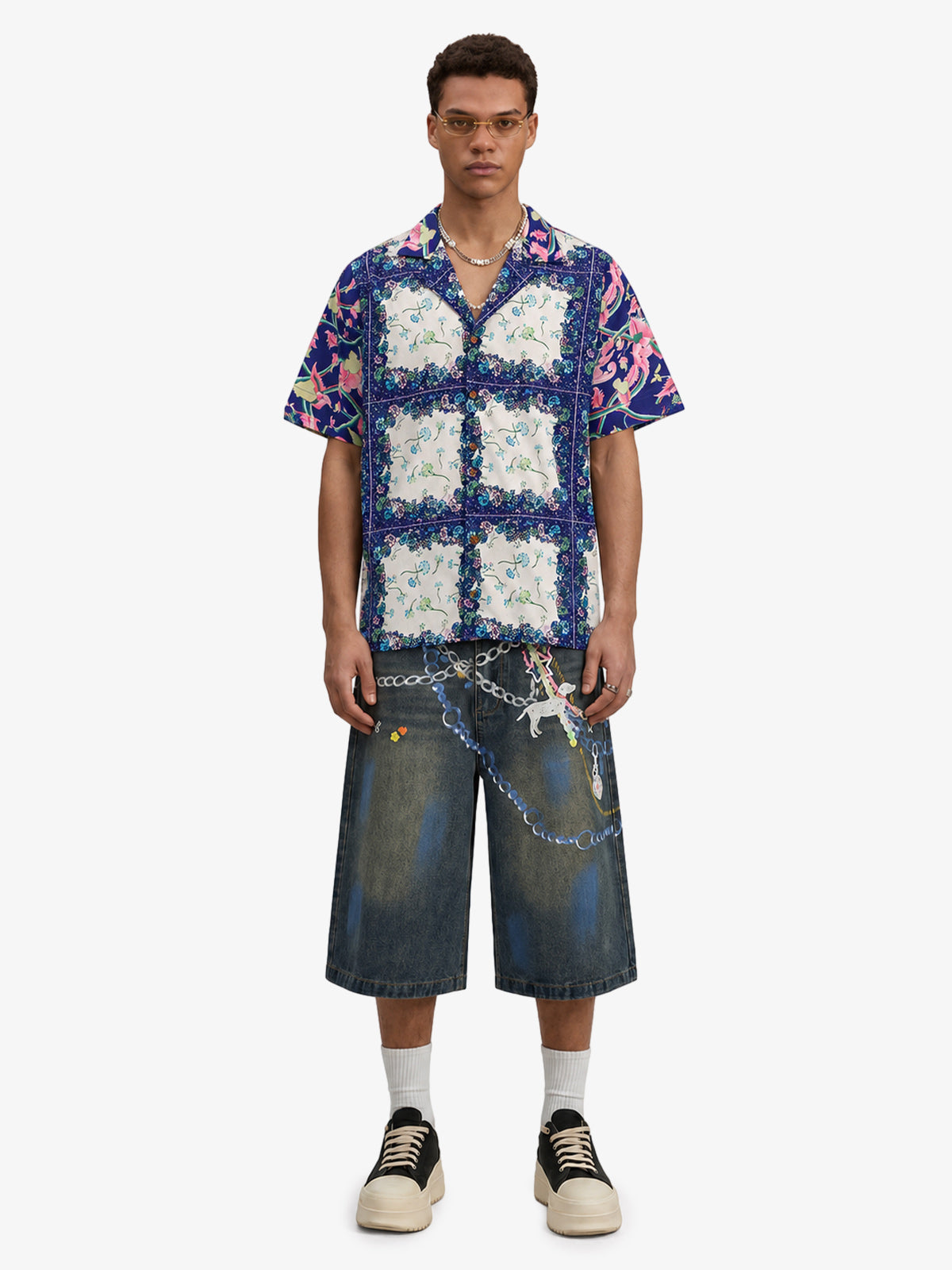 Revelse™  Boxy Cotton Blend Camp Collar Shirt Botanical Print Blue Green