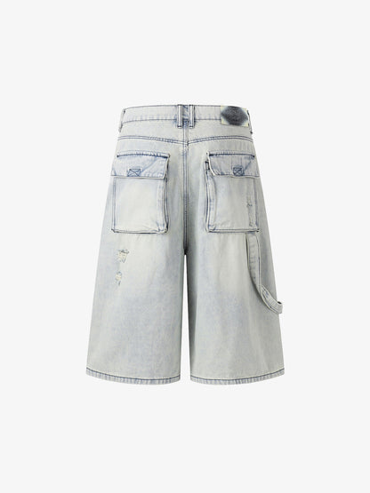 Revelse™ Distressed Denim Cargo Shorts Light Blue Oversized