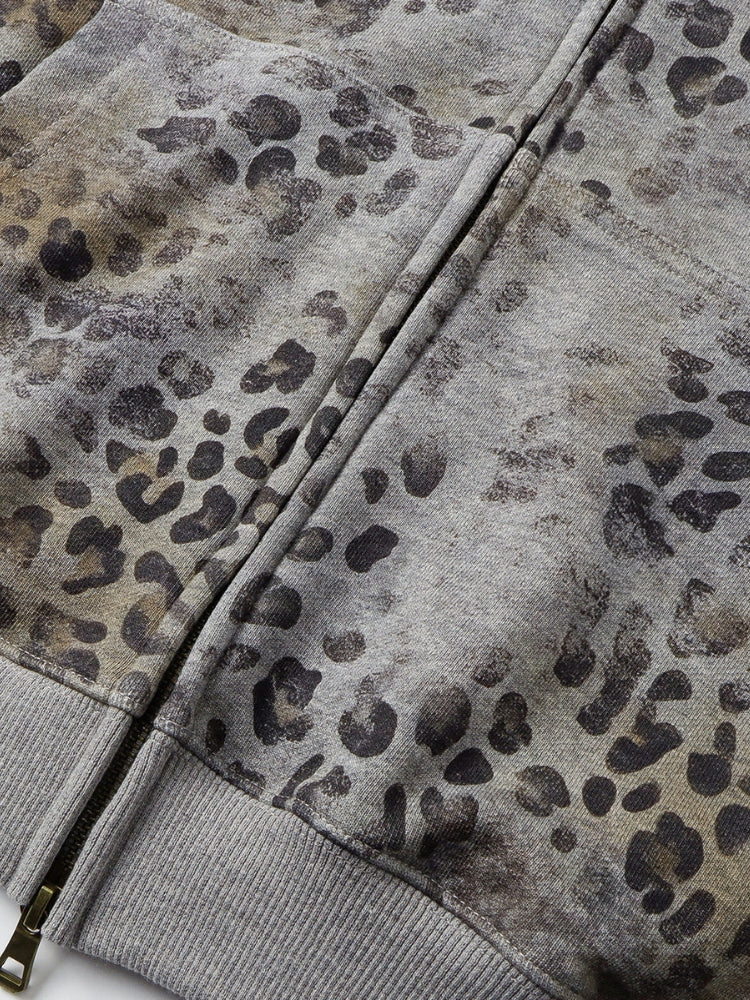 Leopard Print Vintage Washed Zip Hoodie Thick Cotton