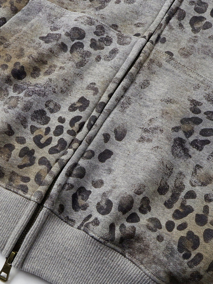 Leopard Print Vintage Washed Zip Hoodie Thick Cotton