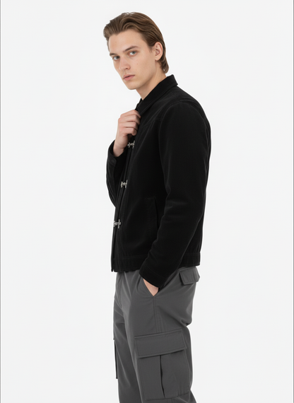 Retro Suede Bomber Jacket with Metal Button Lapel