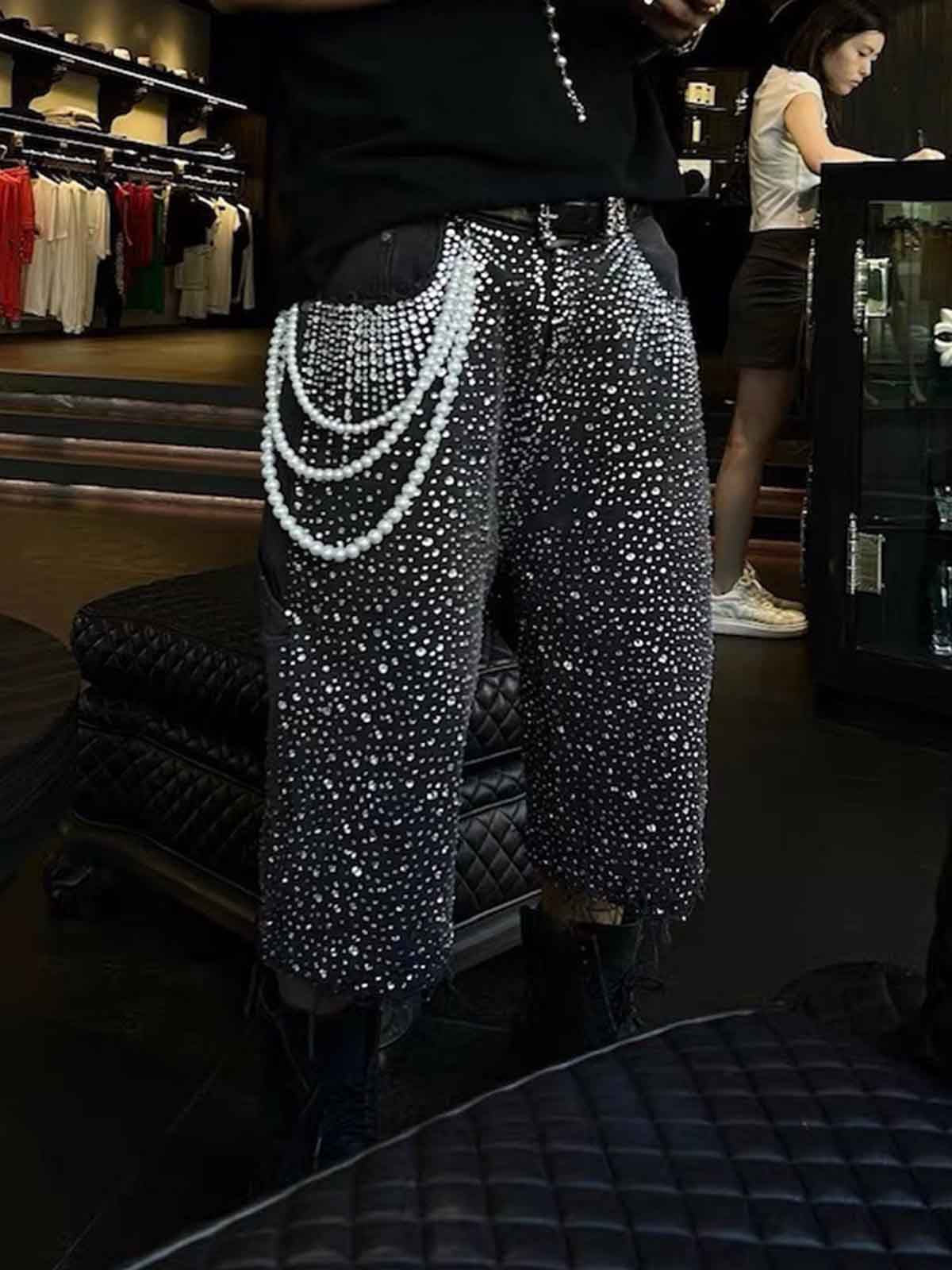 Gradient Rhinestone Embellished Denim Shorts