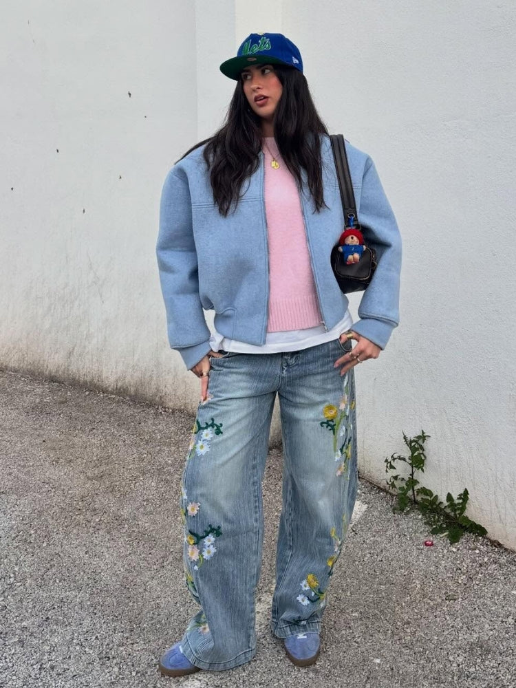 Revelse™ Baggy Wide-Leg Cotton Blend Denim Jeans Floral Embroidered