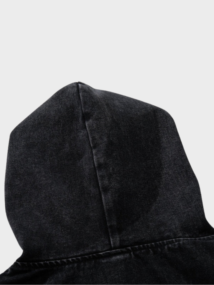 Washed Denim Toggle Front Hoodie Black