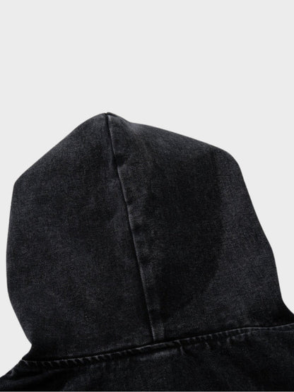 Washed Denim Toggle Front Hoodie Black