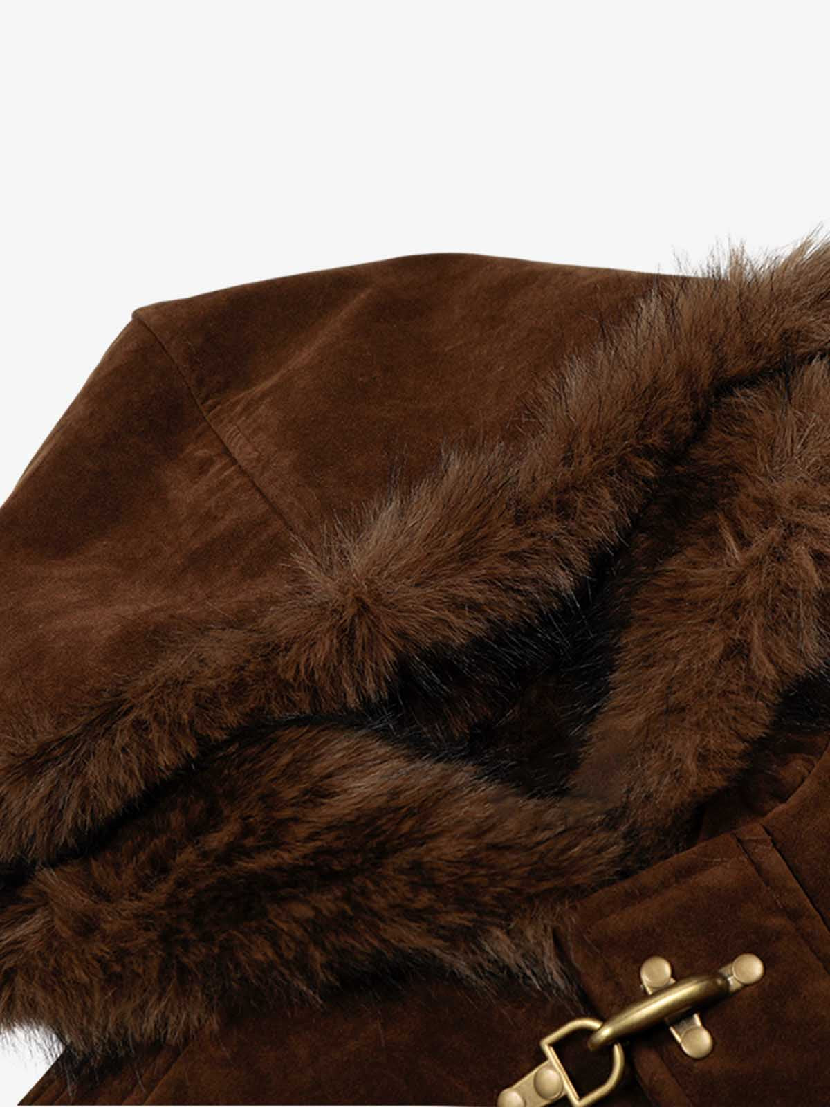 Faux Fur Hooded Suede Bomber Jacket with Metal Clip Streetwear