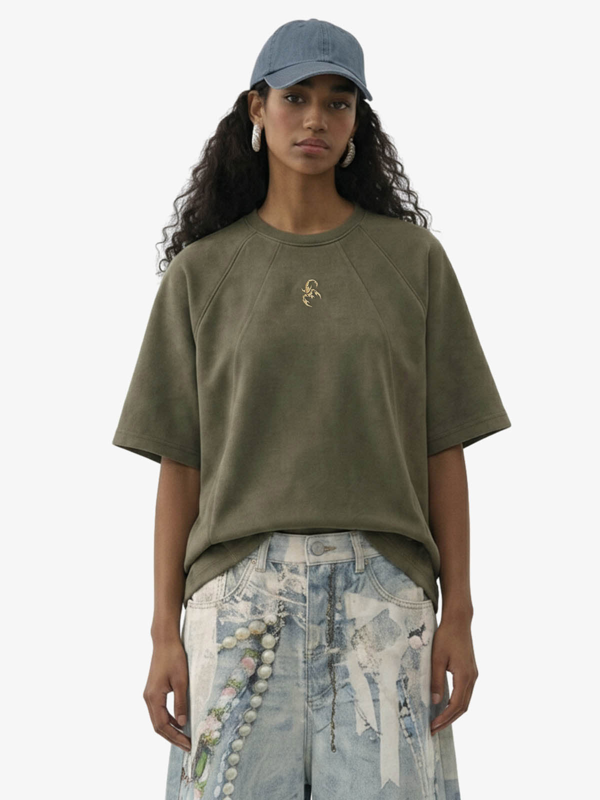 Suede Panel Raglan Sleeve T-Shirt