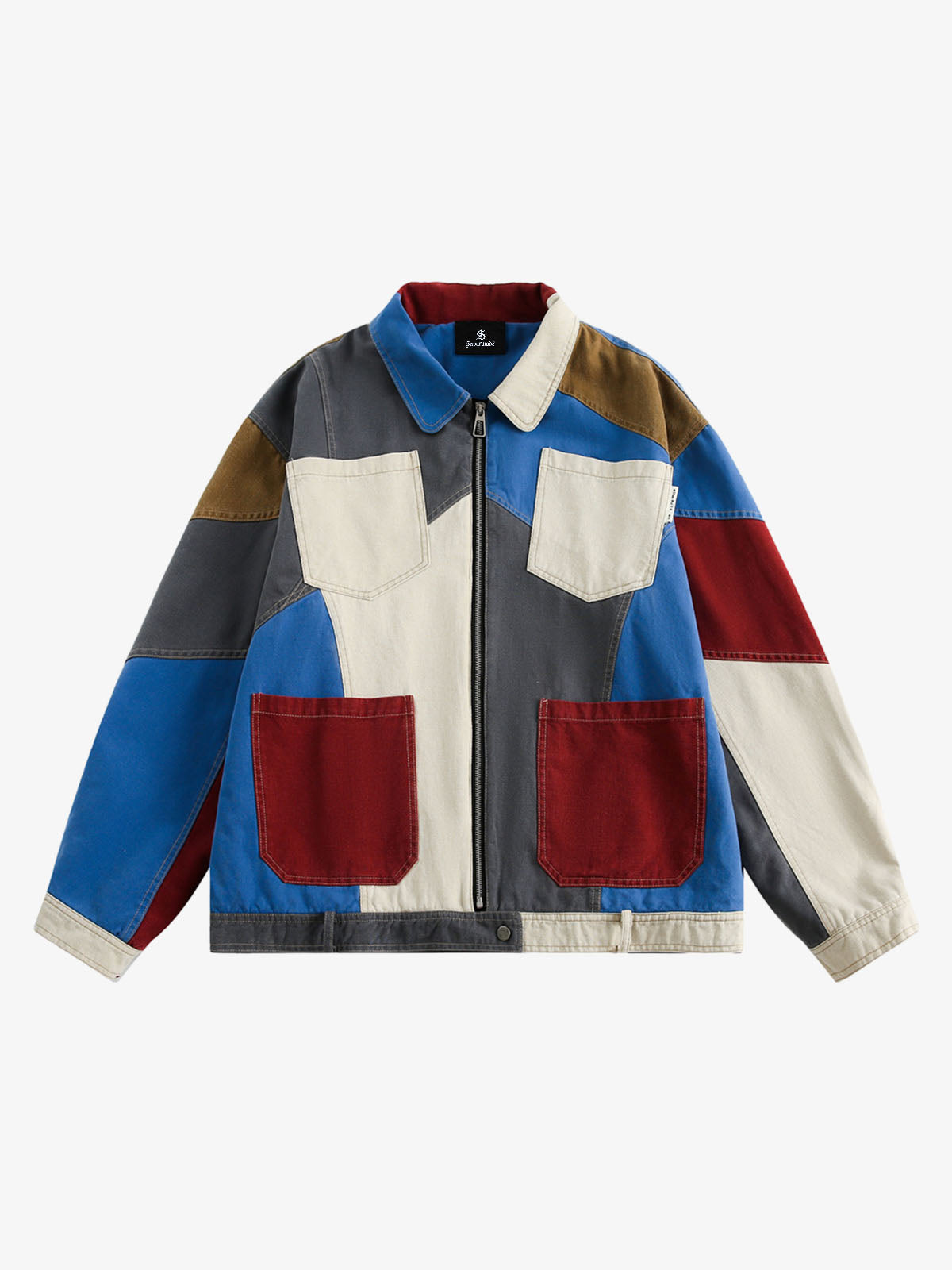 Patchwork colour-block work jacket shown from the front