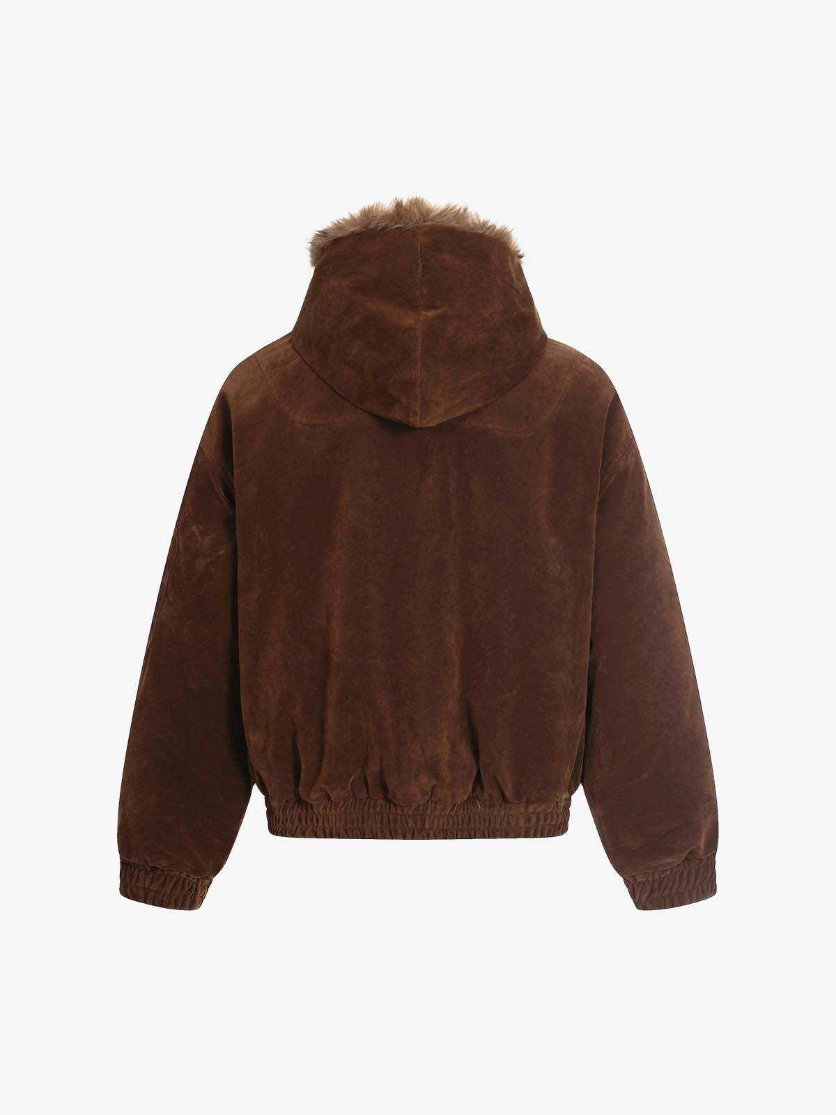 Faux Fur Hooded Suede Bomber Jacket with Metal Clip Streetwear