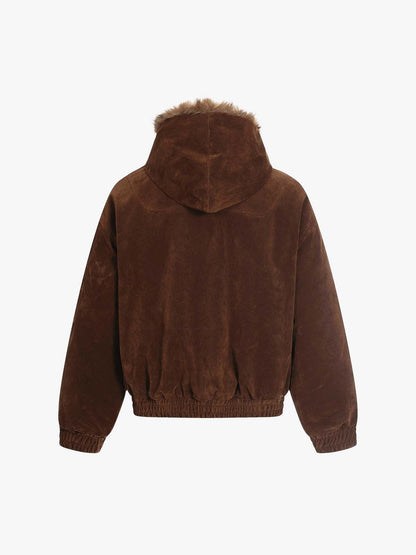 Faux Fur Hooded Suede Bomber Jacket with Metal Clip Streetwear