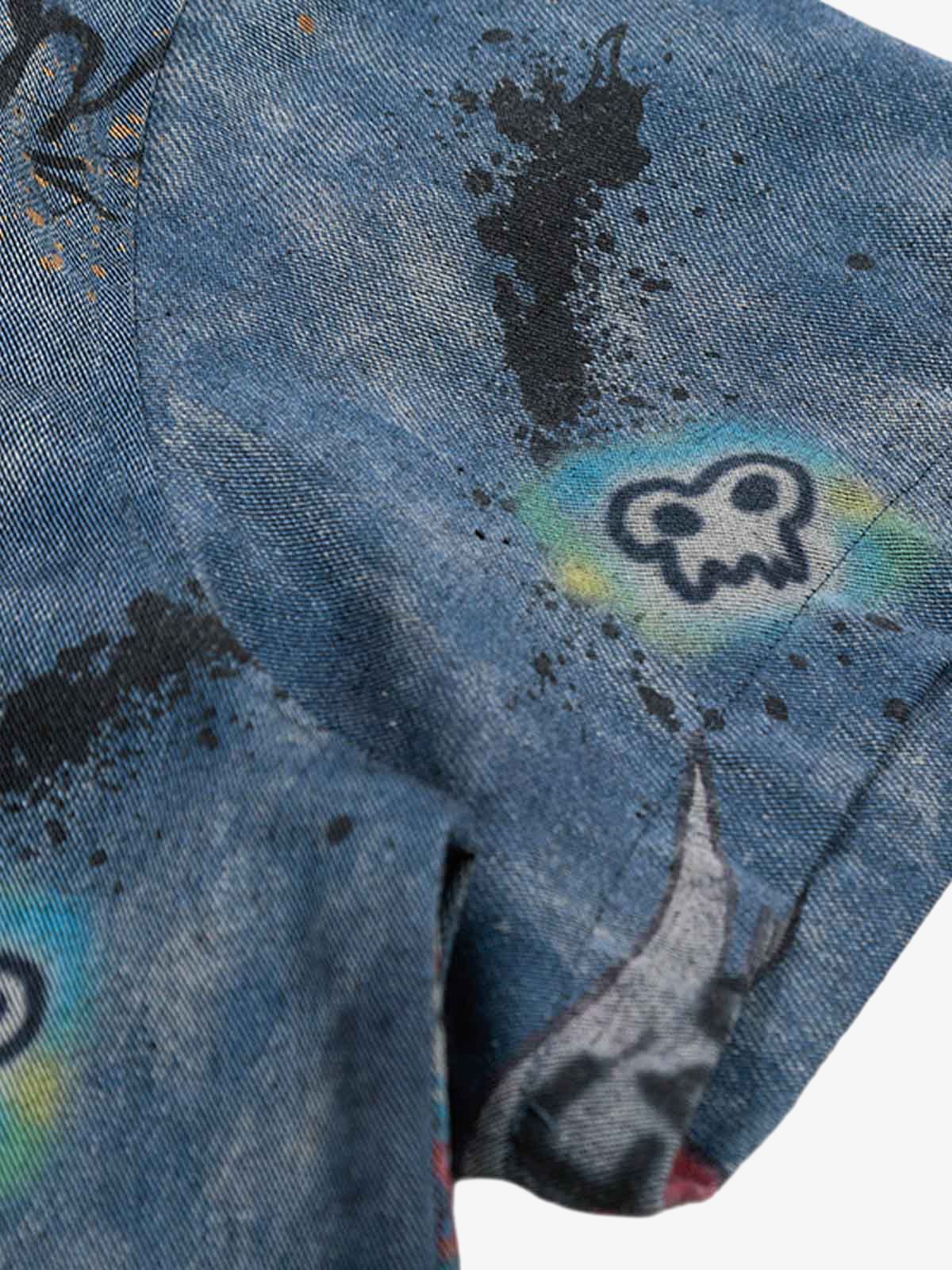 Tie-Dye Denim Polo T-Shirt with Graffiti Print