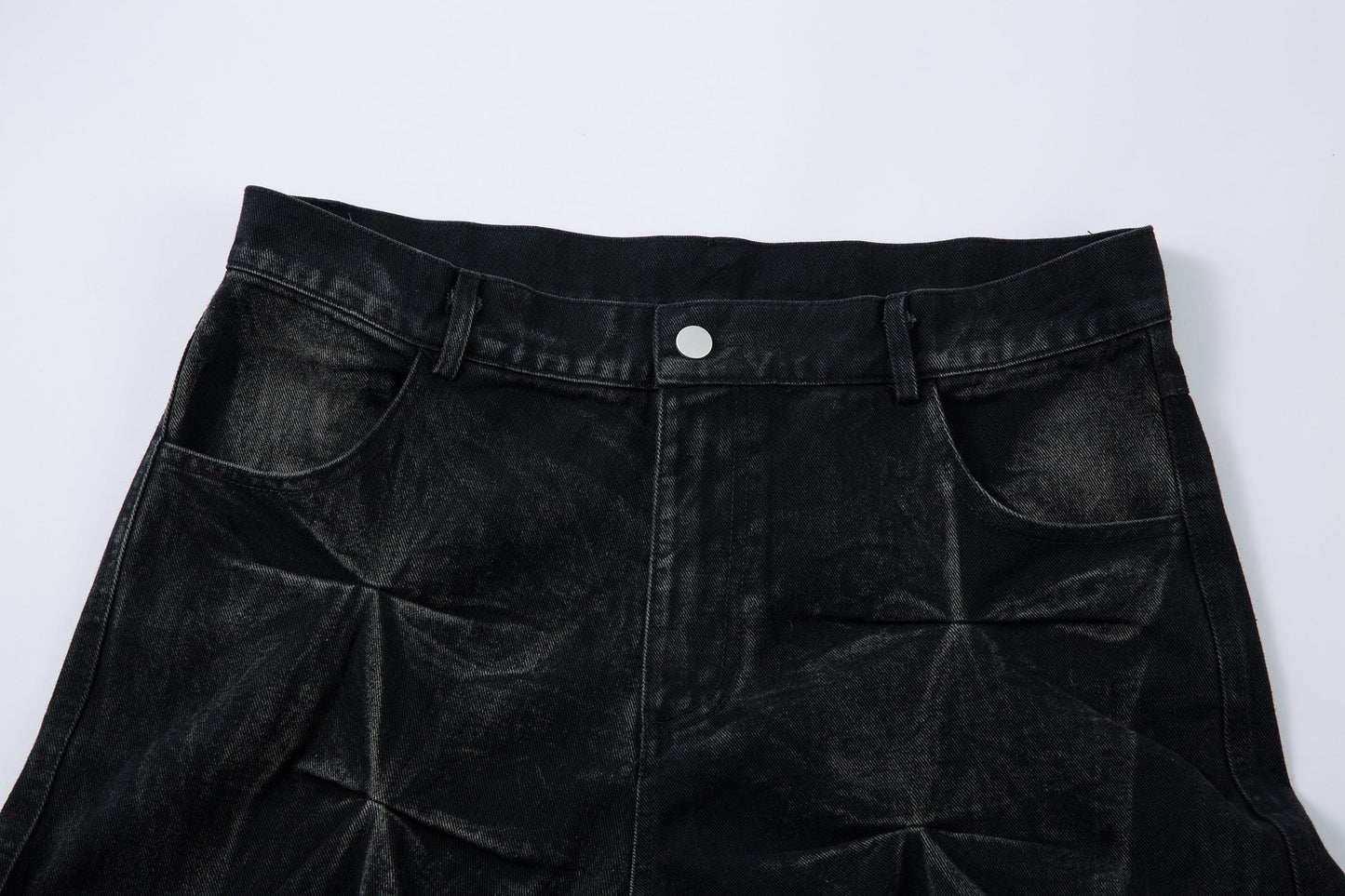 Washed Distressed Pleated Baggy Jeans