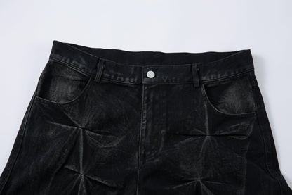Washed Distressed Pleated Baggy Jeans