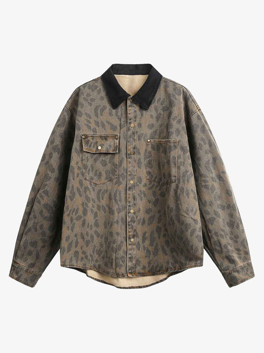 Revelse™ Distressed Cheetah Print Denim Shirt Vintage Style